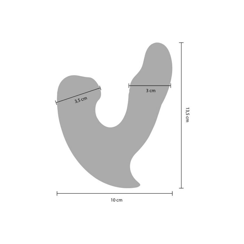 Schema coté du stimulateur Eternal Love avec cotes 10 cm de large, hauteur 13,5 cm, bras de 3 cm, mesures de la double branche silicone du sextoy.