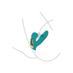 Schema d'utilisation stylise du stimulateur Eternal Love turquoise positionne, illustration au trait epuree sans corps ni anatomie realiste.