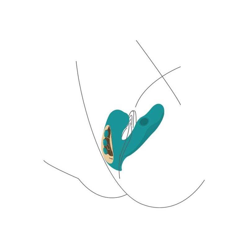 Schema d'utilisation stylise du stimulateur Eternal Love turquoise positionne, illustration au trait epuree sans corps ni anatomie realiste.