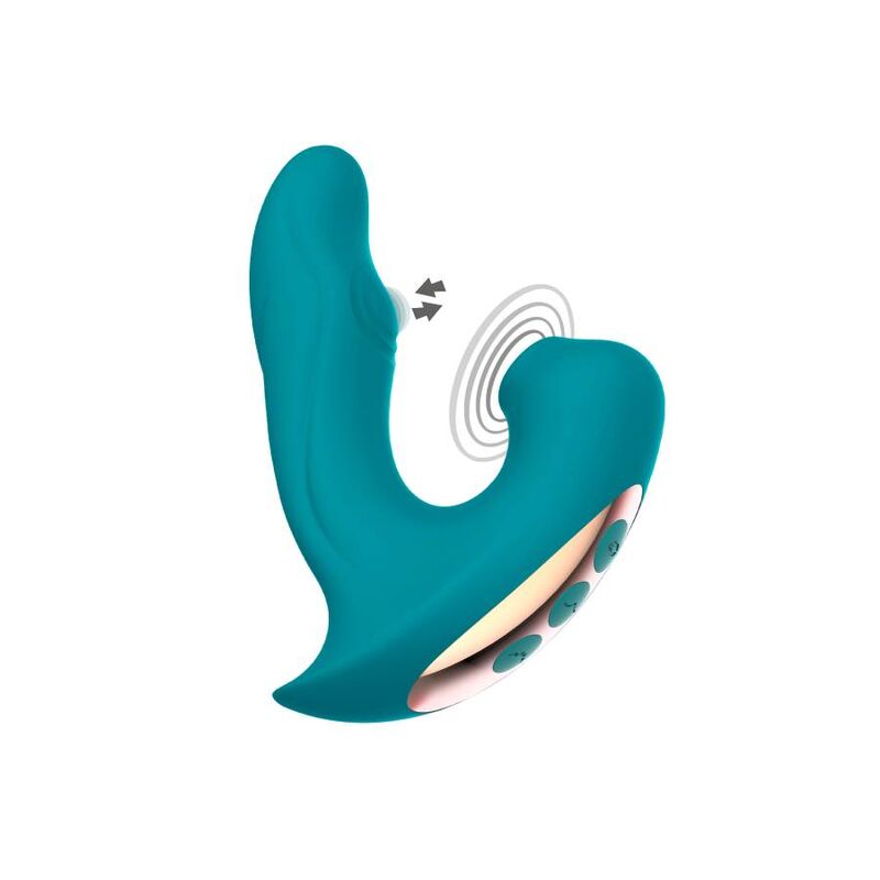 Stimulateur Eternal Love turquoise vu de trois quarts, micro-vibrations du bras clitoridien illustrees, tige point G silicone souple pour couple et solo.