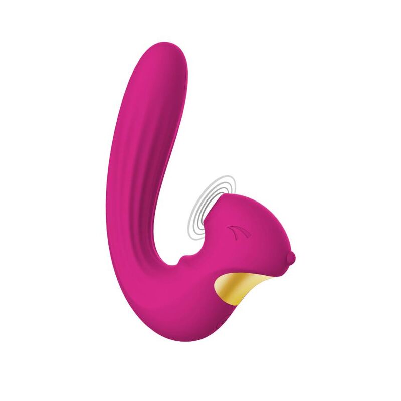Stimulateur Celestial Love fuchsia vu de trois quarts, double branche silicone avec embout clitoridien et tige point G, micro-vibrations illustrees.