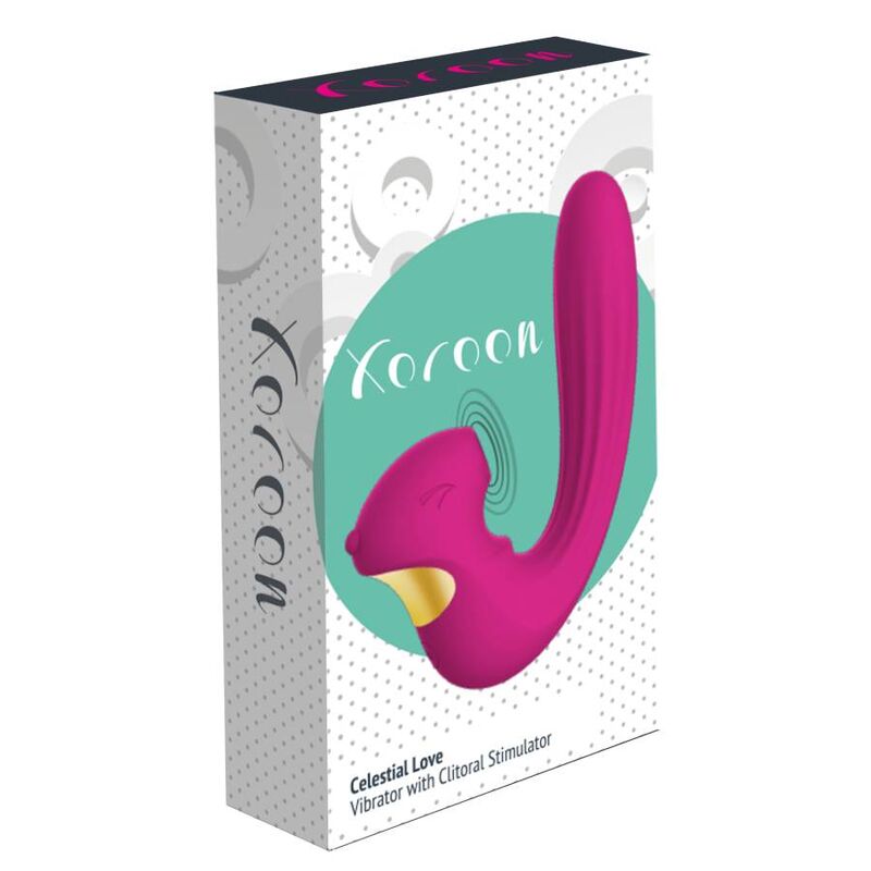 Boite Xocoon Celestial Love Vibrator with Clitoral Stimulator, packaging blanc et turquoise presentant le stimulateur fuchsia double fonction.