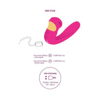 Schema How to use du stimulateur Celestial Love fuchsia, pictogrammes des vitesses de succion et de vibration, instructions de recharge par cable.