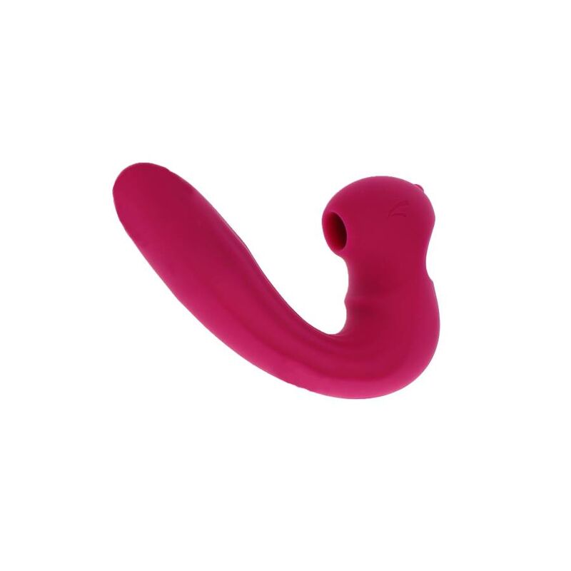 Stimulateur Celestial Love fuchsia vu de dessus, forme courbe en silicone avec embout de succion et branche allongee, double moteur independant.
