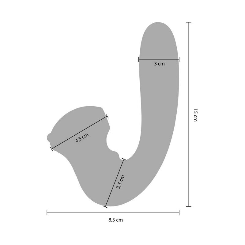 Schema coté du stimulateur Celestial Love avec cotes 8,5 cm de large et 15 cm de haut, branche de 3 cm, mesures de la double tige silicone du sextoy.