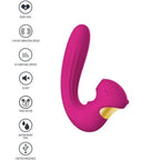 Stimulateur clitoridien et vaginal Celestial Love fuchsia vu de face, double moteur, bande doree et branches silicone, pictogrammes twin motor et etanche.