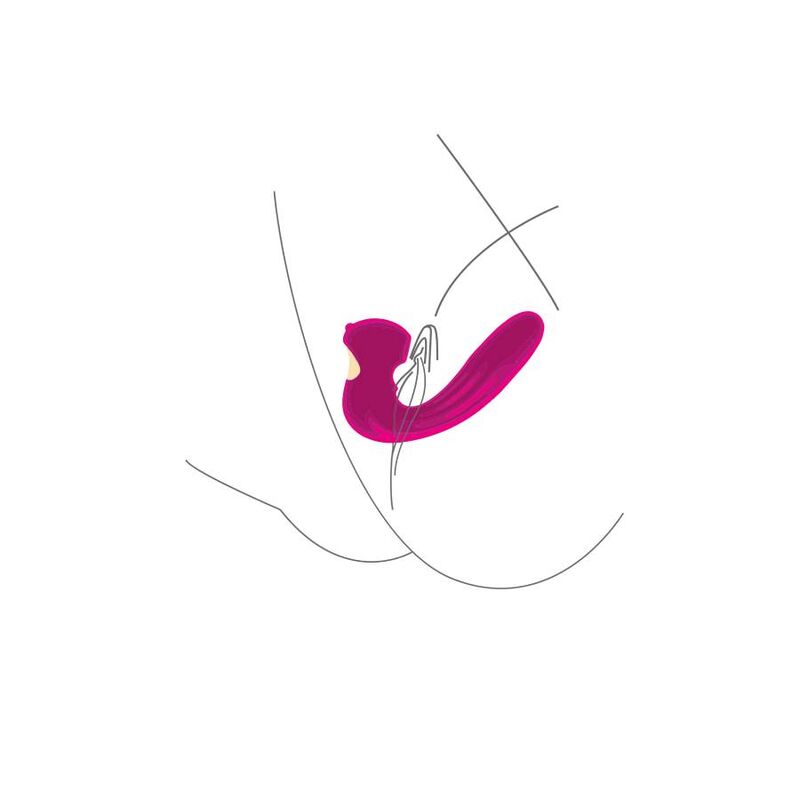 Schema d'utilisation stylise du stimulateur Celestial Love fuchsia positionne, illustration au trait epuree sans corps ni anatomie realiste.