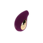 Stimulateur clitoridien Divine Love violet vu de trois quarts, corps en goutte silicone et insert dore, boutons de commande lateraux, aspiration et massage.