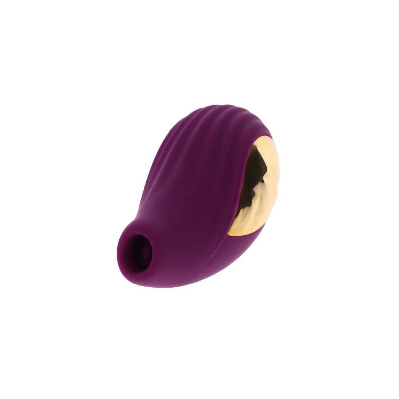 Stimulateur clitoridien Divine Love violet vu de face, embout de succion en gros plan et insert dore, silicone doux imitant le sexe oral par aspiration.