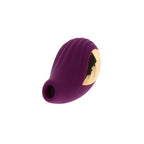 Stimulateur clitoridien Divine Love violet vu de face, embout de succion en gros plan et insert dore, silicone doux imitant le sexe oral par aspiration.