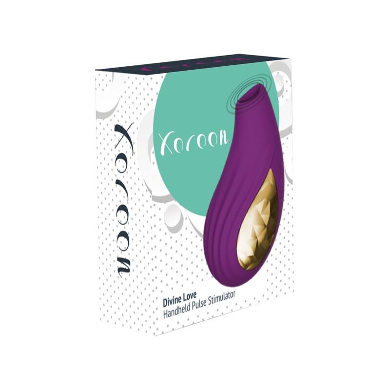 Boite Xocoon Divine Love Handheld Pulse Stimulator, packaging blanc et turquoise presentant le stimulateur clitoridien violet par aspiration.