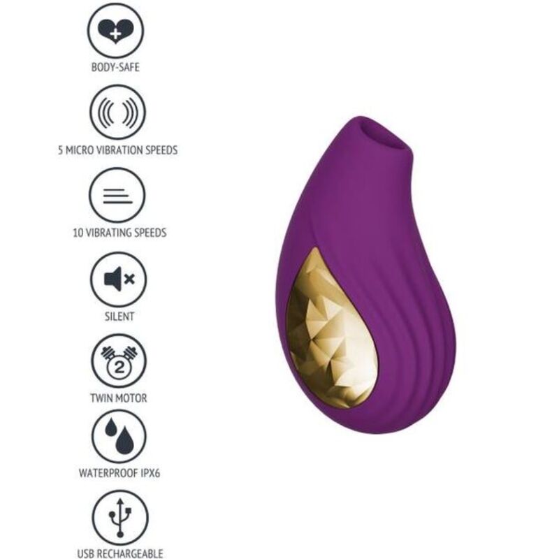 Stimulateur clitoridien Divine Love violet vu de face avec sa fenetre doree, pictogrammes twin motor et etanche, double fonction aspiration et vibration.