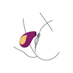 Schema d'utilisation stylise du stimulateur Divine Love violet positionne, illustration au trait epuree sans corps ni anatomie realiste du sextoy.
