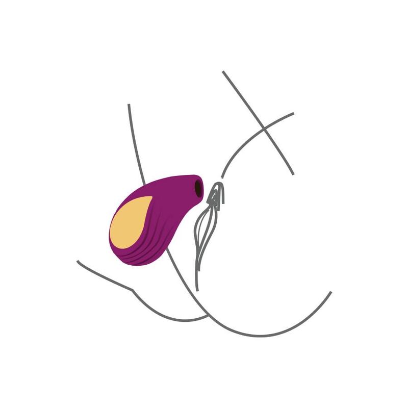 Schema d'utilisation stylise du stimulateur Divine Love violet positionne, illustration au trait epuree sans corps ni anatomie realiste du sextoy.