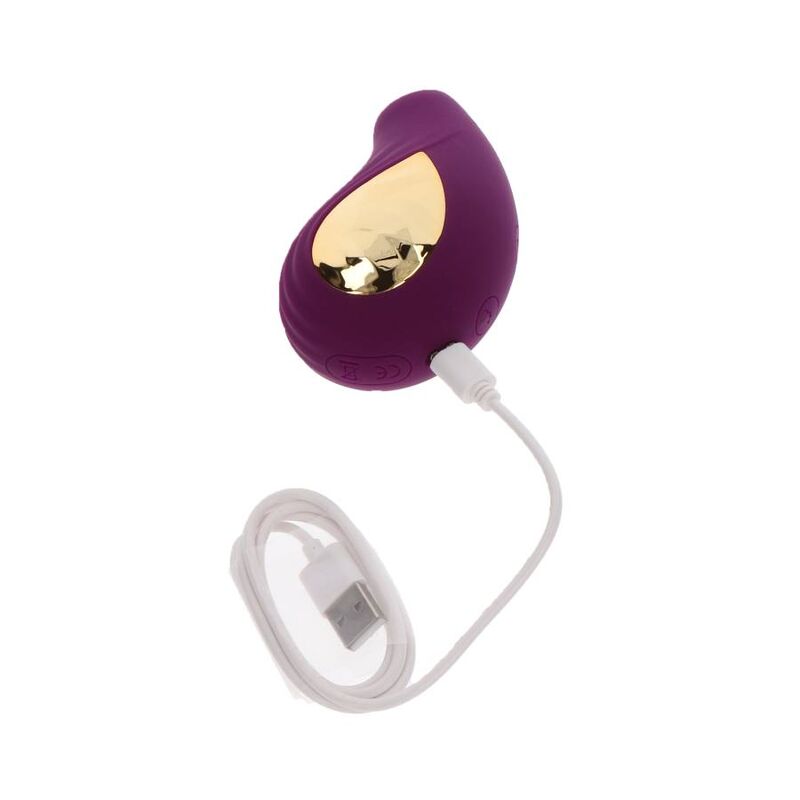 Stimulateur clitoridien Divine Love violet avec cable de recharge USB branche, fenetre doree visible, sextoy par aspiration silicone rechargeable et etanche.