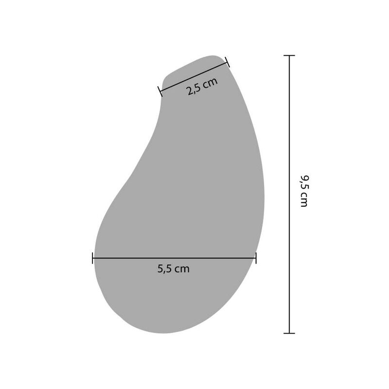 Schema coté du stimulateur Divine Love avec cotes 2,5 cm en haut, 5,5 cm de large et 9,5 cm de haut, mesures du corps en goutte silicone du sextoy.