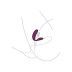 Schema d'utilisation stylise du vibrateur couple Bound Love violet positionne, illustration au trait epuree sans corps ni anatomie realiste.