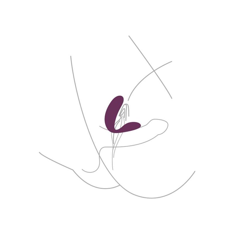 Schema d'utilisation stylise du vibrateur couple Bound Love violet positionne, illustration au trait epuree sans corps ni anatomie realiste.