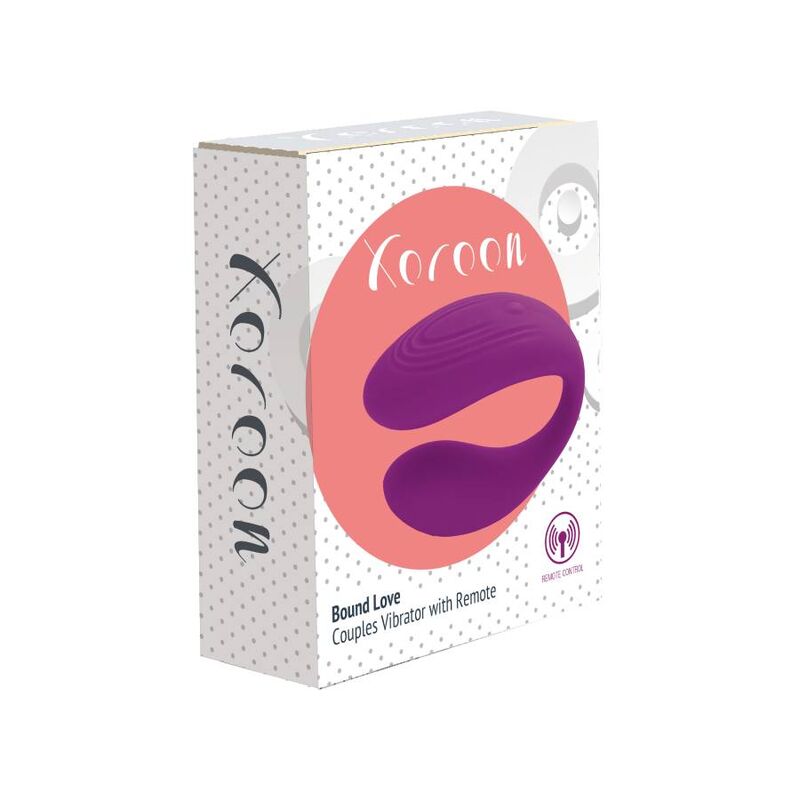 Boite Xocoon Bound Love Couples Vibrator with Remote, packaging clair et corail presentant le vibrateur couple violet en U avec sa telecommande.