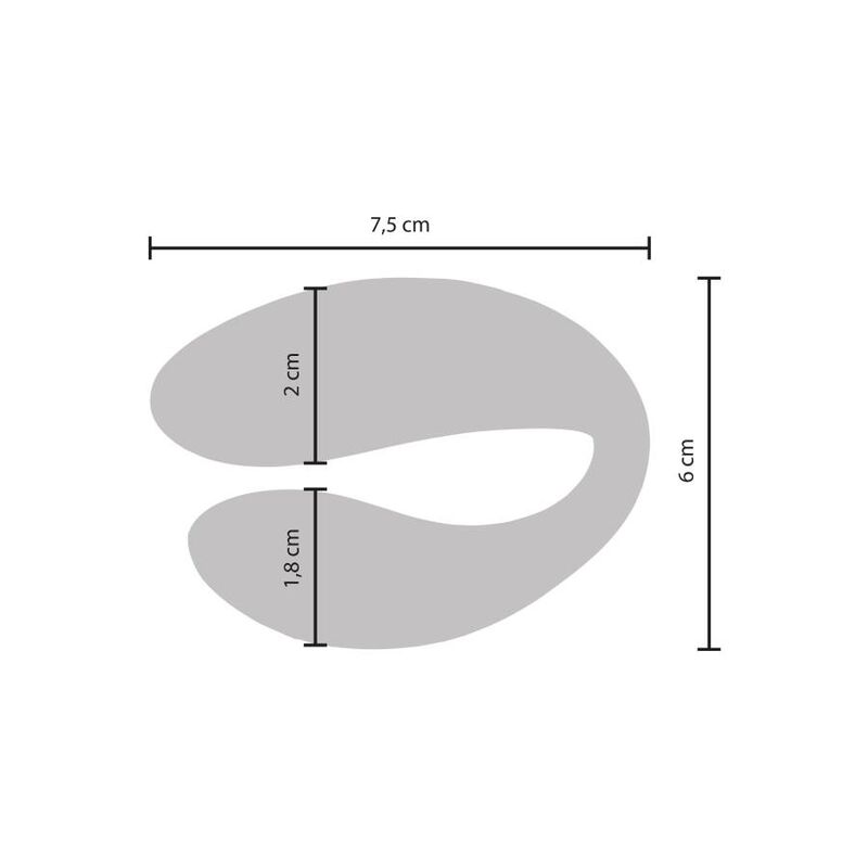 Schema coté du vibrateur Bound Love avec cotes 7,5 cm de large et 6 cm de haut, branches de 2 et 1,8 cm, mesures de la forme en U silicone du sextoy.