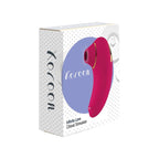 Boite Xocoon Infinite Love Clitoral Stimulator, packaging blanc et bleu presentant le stimulateur clitoridien fuchsia par aspiration en silicone.