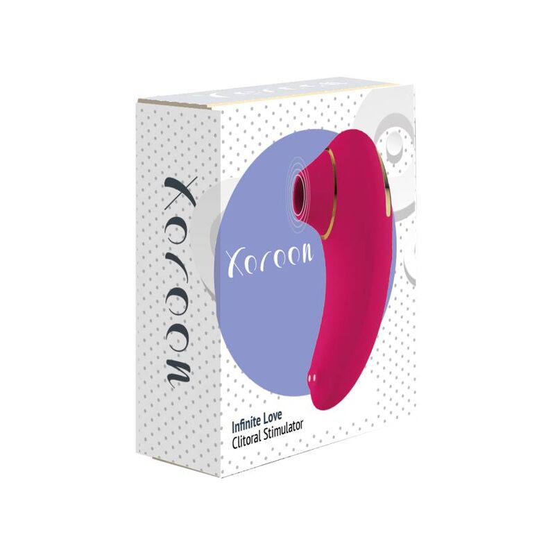 Boite Xocoon Infinite Love Clitoral Stimulator, packaging blanc et bleu presentant le stimulateur clitoridien fuchsia par aspiration en silicone.