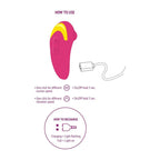 Schema How to use du stimulateur Infinite Love fuchsia, pictogrammes des vitesses de succion et de vibration, instructions de recharge par cable USB.