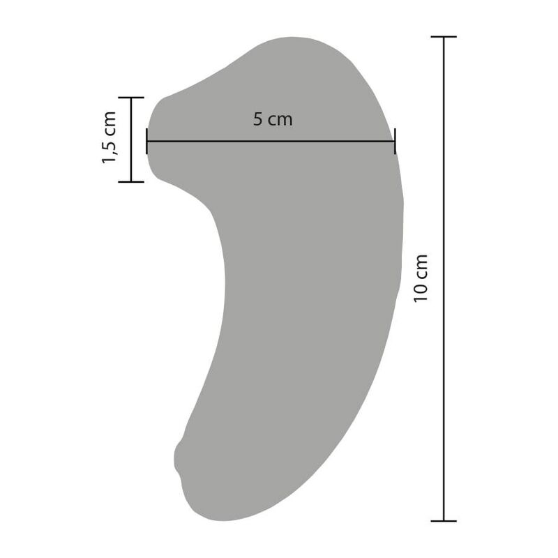 Schema coté du stimulateur Infinite Love avec cotes 5 cm de large, 10 cm de haut et 1,5 cm, mesures du corps silicone ergonomique du sextoy par aspiration.