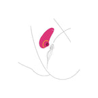 Schema d'utilisation stylise du stimulateur Infinite Love fuchsia positionne, illustration au trait epuree sans corps ni anatomie realiste du sextoy.