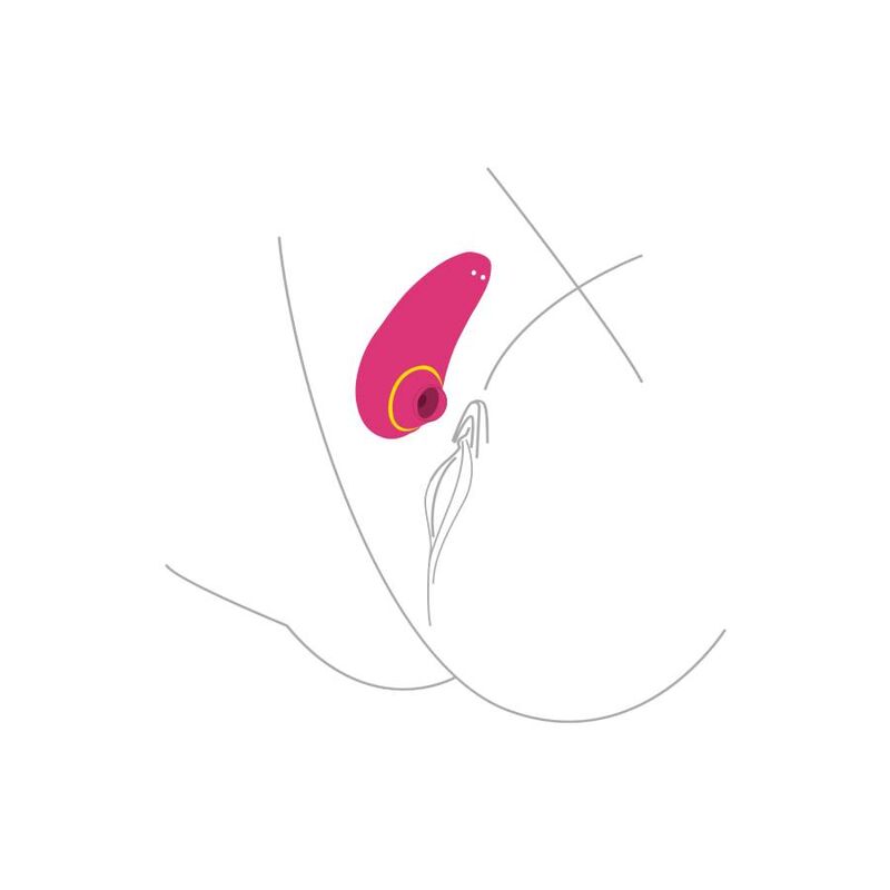 Schema d'utilisation stylise du stimulateur Infinite Love fuchsia positionne, illustration au trait epuree sans corps ni anatomie realiste du sextoy.