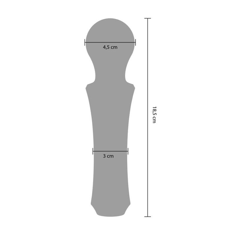 Schema coté de la baguette Personal Wand avec cotes 4,5 cm pour la tete, 18,5 cm de haut et manche de 3 cm, mesures du wand silicone de massage.