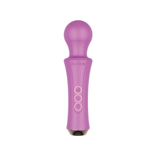 Baguette de massage Personal Wand Xocoon violet vue de face, tete arrondie flexible et manche silicone avec trois boutons, 10 modes de vibration profonde.
