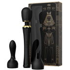 Coffret Kyro noir et doré à motifs égyptiens présenté avec le wand et ses embouts interchangeables disposés autour, accessoires lisses non anatomiques.