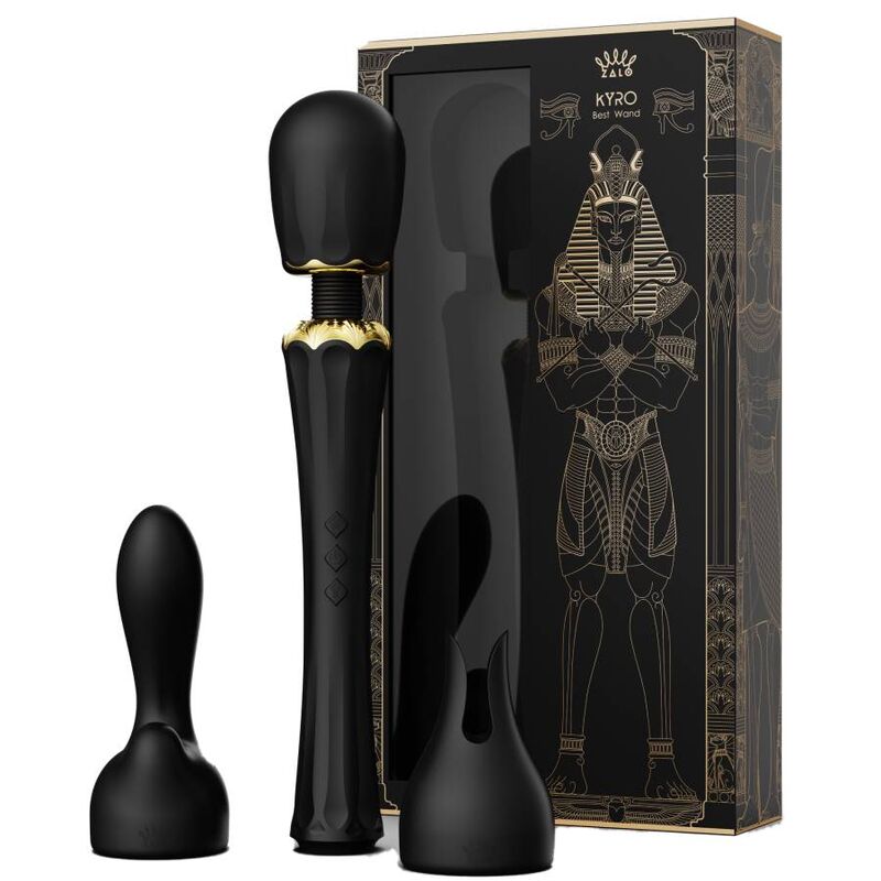Coffret Kyro noir et doré à motifs égyptiens présenté avec le wand et ses embouts interchangeables disposés autour, accessoires lisses non anatomiques.