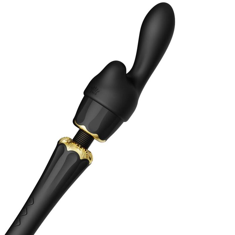 Wand Kyro noir équipé d'un embout type lapin à deux pointes courbes, monté sur le col doré, accessoire de stimulation double lisse, sans réalisme corporel.