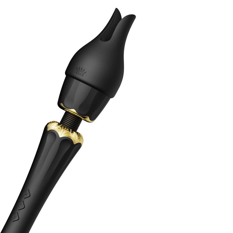 Wand Kyro noir coiffé d'un embout en pétales ouverts façon fleur, monté sur le col doré du manche cannelé, accessoire de stimulation texturé fantaisie.