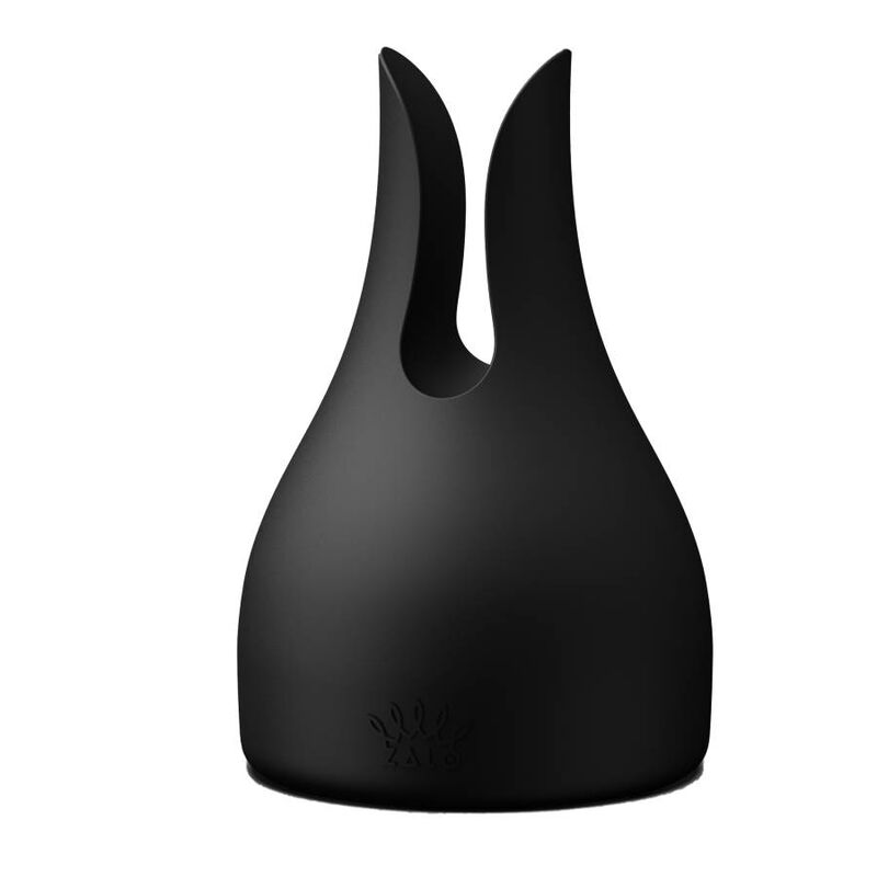Embout du Kyro en silicone noir à deux pointes creuses façon oreilles, posé sur socle, accessoire de stimulation double arrondi, sans relief réaliste.