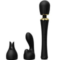 Wand Kyro noir dressé accompagné de deux embouts lapin et courbe posés devant, présentation de l'ensemble en silicone noir lisse sans anatomie. Marque Zalo, baguette Kyro luxe.