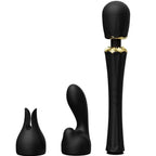 Wand Kyro noir dressé accompagné de deux embouts lapin et courbe posés devant, présentation de l'ensemble en silicone noir lisse sans anatomie. Marque Zalo, baguette Kyro luxe.
