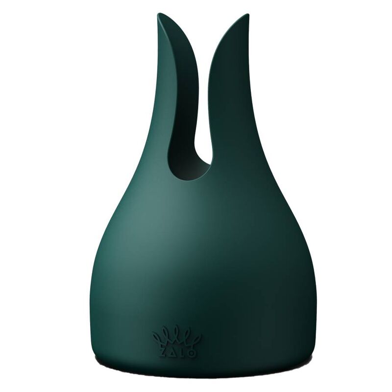 Embout du Kyro en silicone vert à deux pointes creuses façon oreilles sur socle, accessoire de double stimulation arrondi, sans aucun relief réaliste.