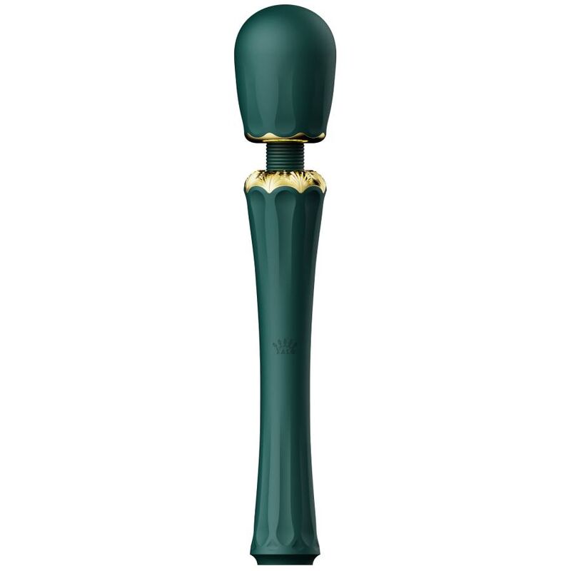 Baguette Kyro vert sapin à grosse tête bombée et col doré, manche cannelé en silicone, wand de massage de luxe lisse, finition laquée élégante. Marque Zalo, baguette Kyro luxe.