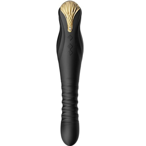 Stimulateur point G King noir à tête bombée et manche cannelé en silicone, écusson doré en éventail, va-et-vient télescopique, surface striée non réaliste.