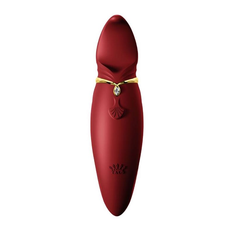 Hero rouge présenté droit avec pampille dorée en éventail, tête bombée et corps effilé, finition silicone soyeuse, allure de bijou intime de luxe. Marque Zalo, Hero PulseWave rouge.