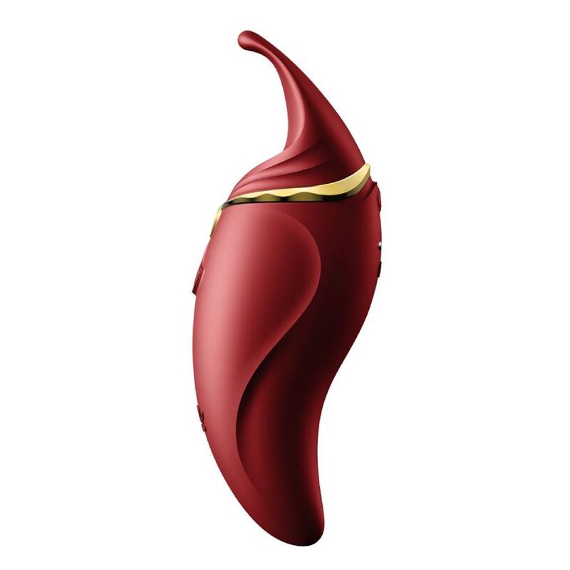 Hero rouge vu sous un autre angle, creux de préhension et liseré doré marqués, silicone mat brillant, silhouette ergonomique fantaisie dédiée au clitoris.