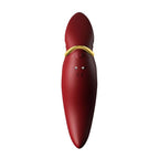 Vibromasseur Hero rouge de face, bouton et picots de commande alignés sous l'anneau doré, forme compacte arrondie en silicone, sans détail corporel. Marque Zalo, Hero PulseWave rouge.