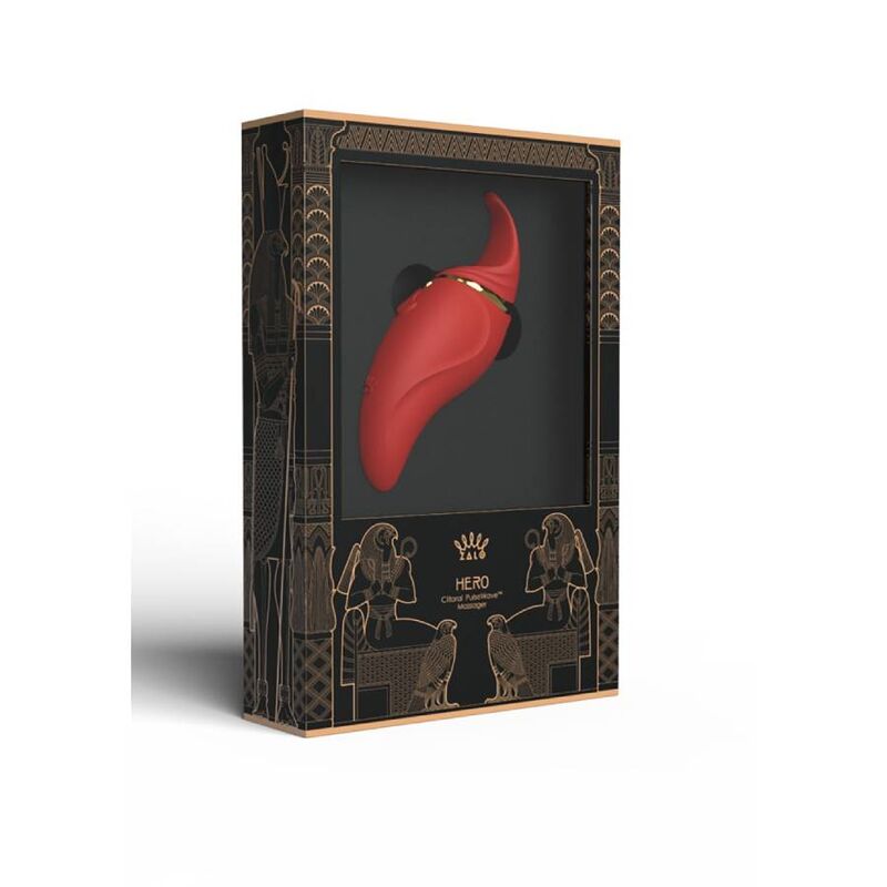 Emballage noir aux ornements dorés égyptiens, fenêtre vitrée révélant le vibromasseur Hero rouge à l'intérieur, présentation soignée façon écrin. Marque Zalo, Hero PulseWave rouge.