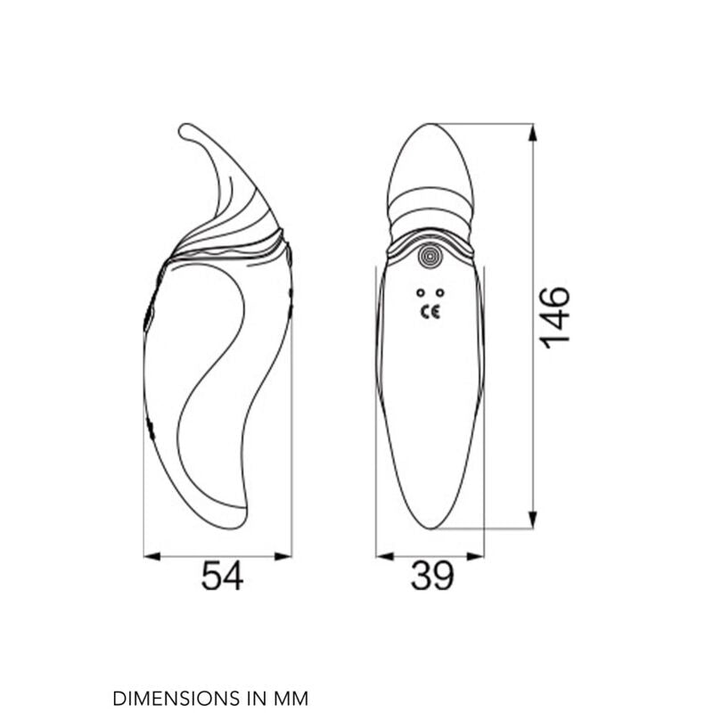 Dessin technique filaire du Hero rouge, deux profils cotés 146 mm, 54 et 39 mm, légende DIMENSIONS IN MM, illustration purement schématique. Marque Zalo, Hero PulseWave rouge.