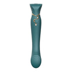 Stimulateur point G Queen vert à tête tulipe ouverte et corps galbé en silicone, ornement doré serpentin et goutte de cristal, courbe douce sans anatomie.