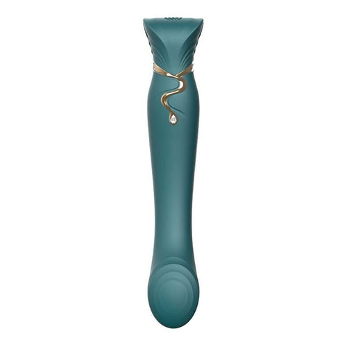 Stimulateur point G Queen vert à tête tulipe ouverte et corps galbé en silicone, ornement doré serpentin et goutte de cristal, courbe douce sans anatomie.