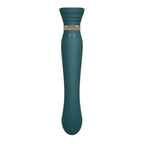 Le Queen vert vu de profil avec sa tige flexible recourbée, tête en bouton cannelé, corps en silicone sapin, design élégant courbé pour le point G. Marque Zalo, gamme Queen point G.